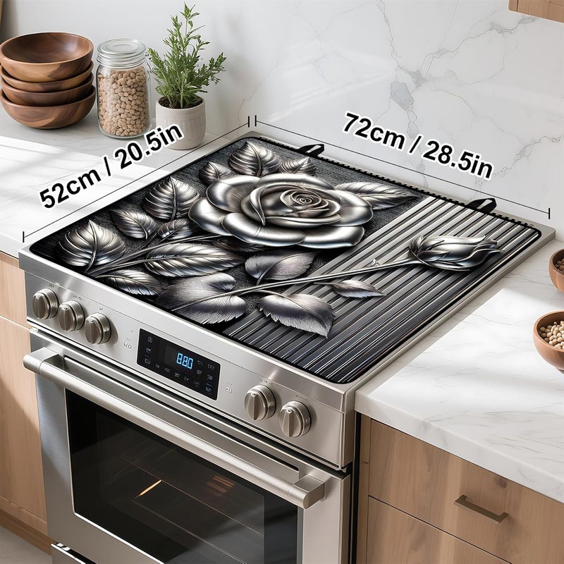 BVBOX Silver Rose Stove Top Cover Retro Flower Gas Stove Top Cover for Home Decoration Kitchen Pad Non-Stick Washable Cooktop Covers Countertop Protector Keep Stove Clean 28"x20" - Image 4
